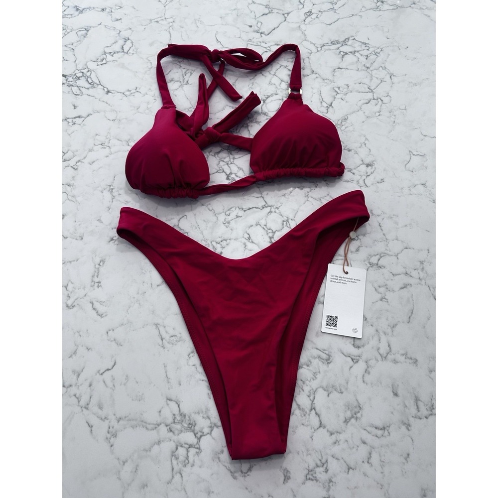 NEW Quince Cherry Red Italian Full Coverage Ring Triangle Bikini Top & Bottom M
